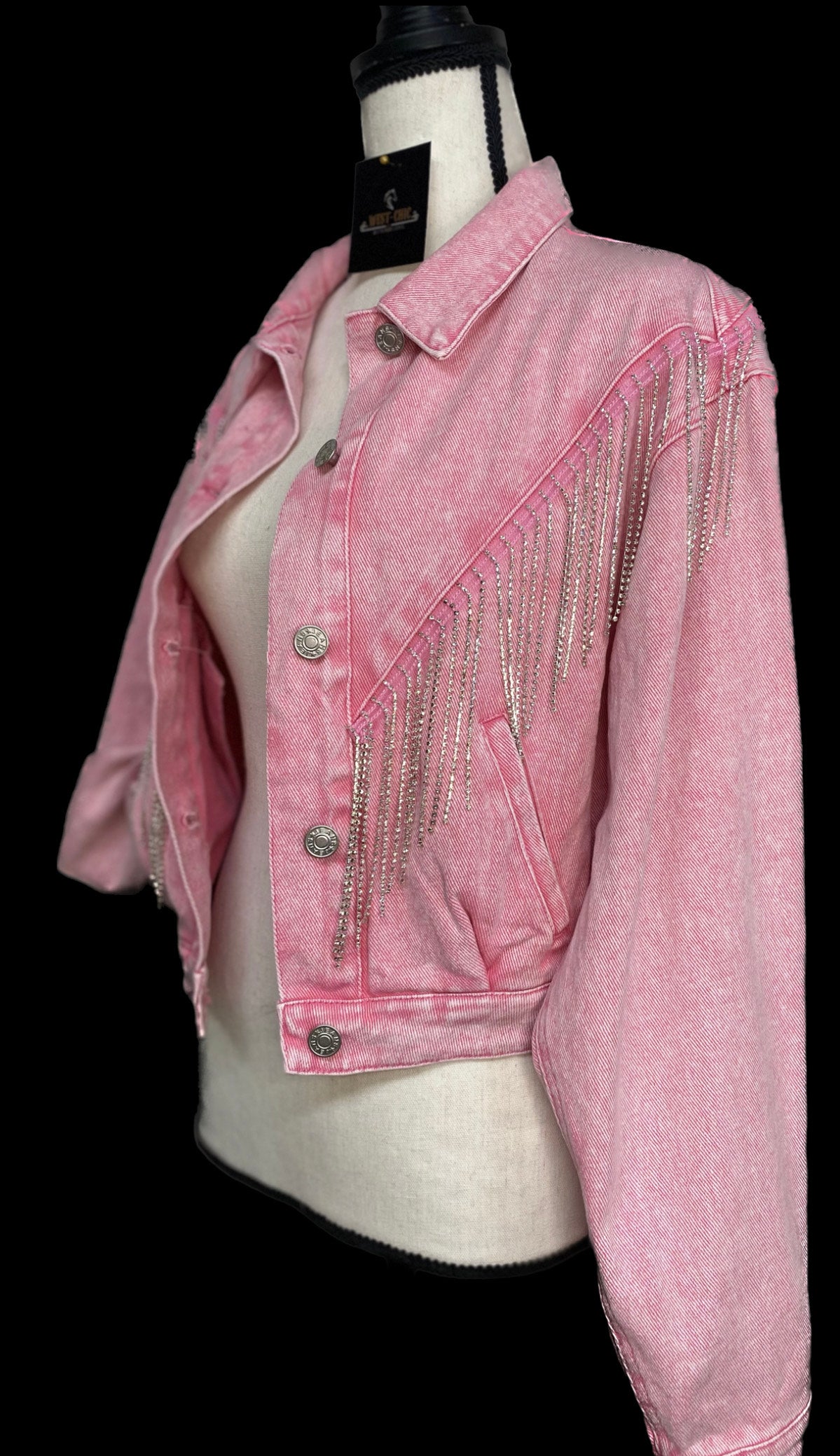 Pink Rhinestone (gold & silver) Fringe Denim Jacket